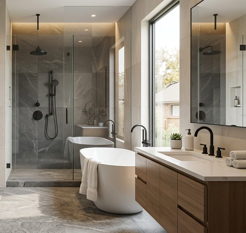 Modern residential bathroom with a walk-in glass shower, freestanding tub, and matte black plumbing fixtures